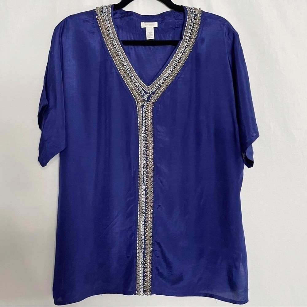 Chico's Embellished Beaded Embroidered Relaxed Fit Chic Boho Blouse